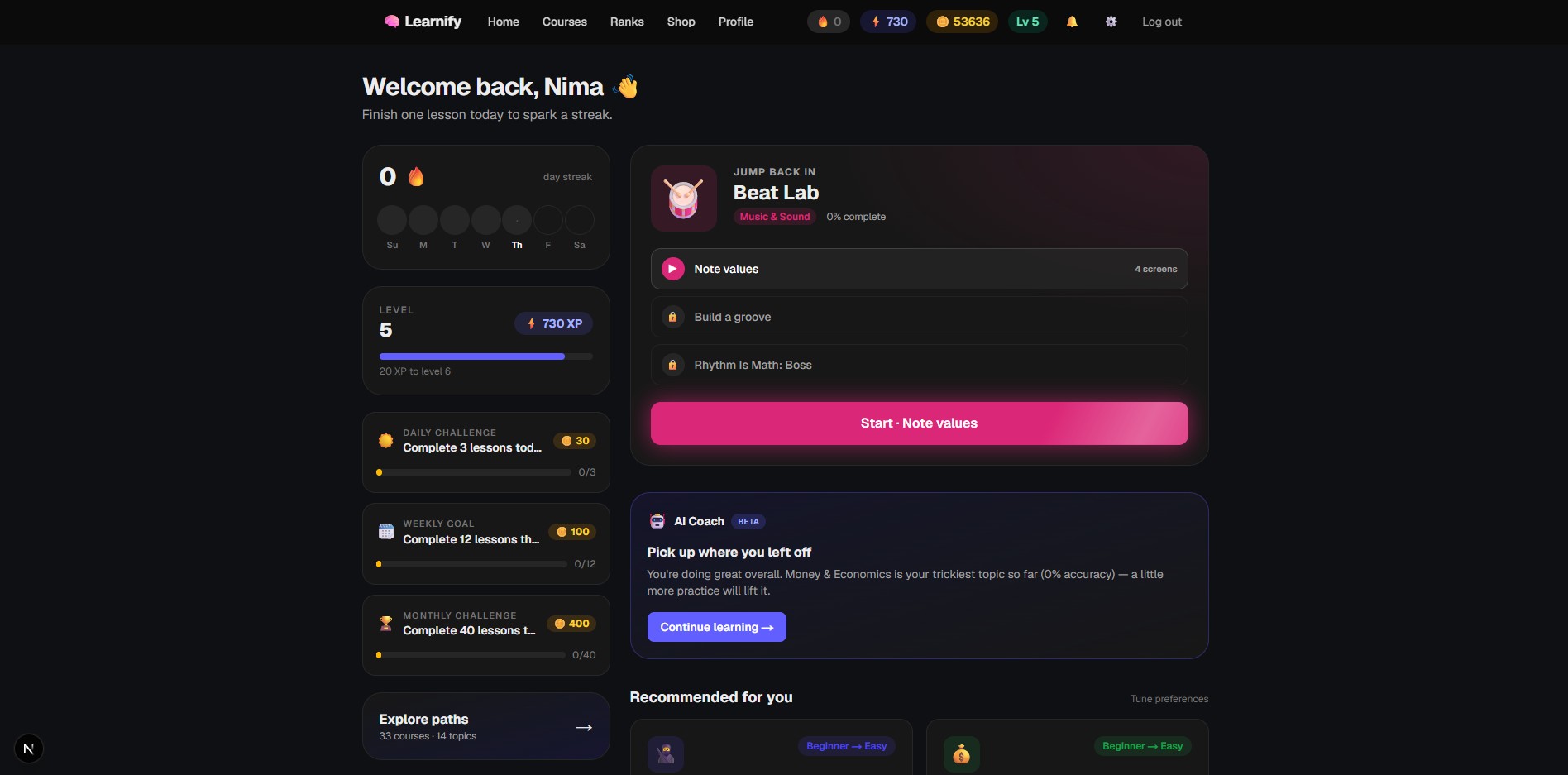 Learnify — gamified learning dashboard with XP, levels, streaks and daily challenges
